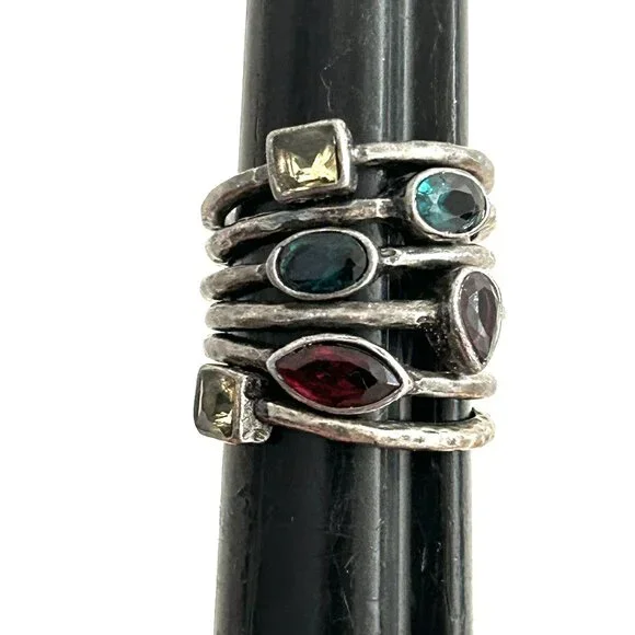 Bundle Lot of 6 Hammered Stacking Silver Gun Metal Crystal Colorful Stone Rings - Picture 8 of 9